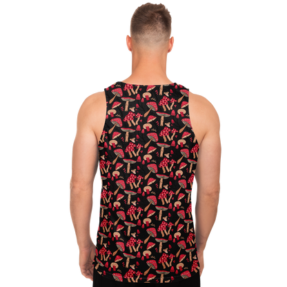  Back view of male model wearing Nature Groove Tank Top with all-over nature-inspired pattern