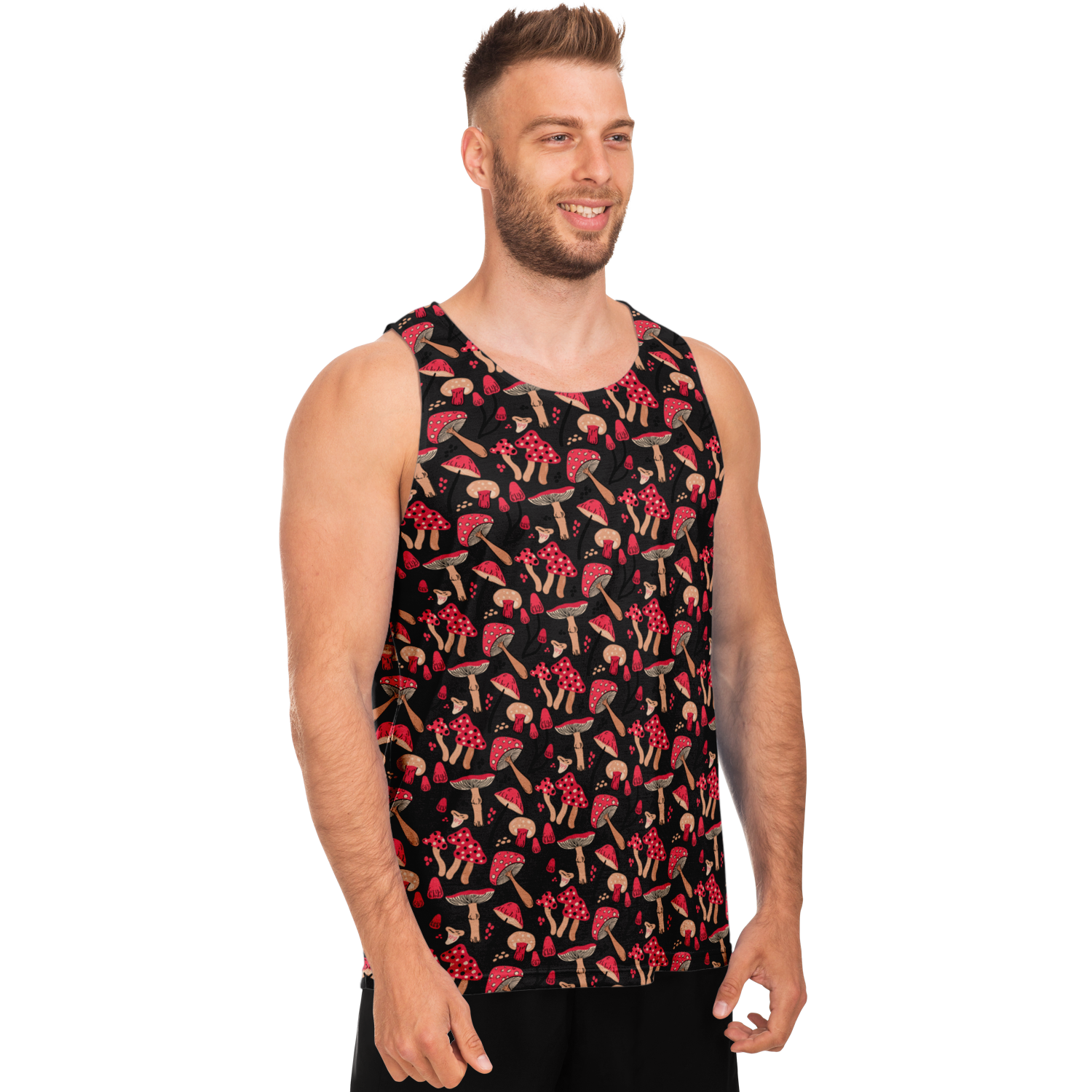  Male model in Nature Groove Tank Top facing forward, showing vibrant botanical design