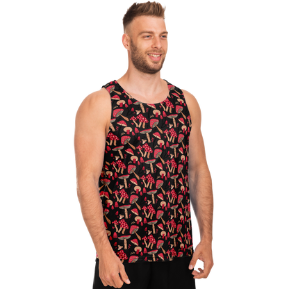  Male model in Nature Groove Tank Top facing forward, showing vibrant botanical design
