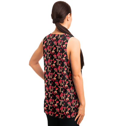  Male model side view in sleeveless Nature Groove Tank Top with tropical print