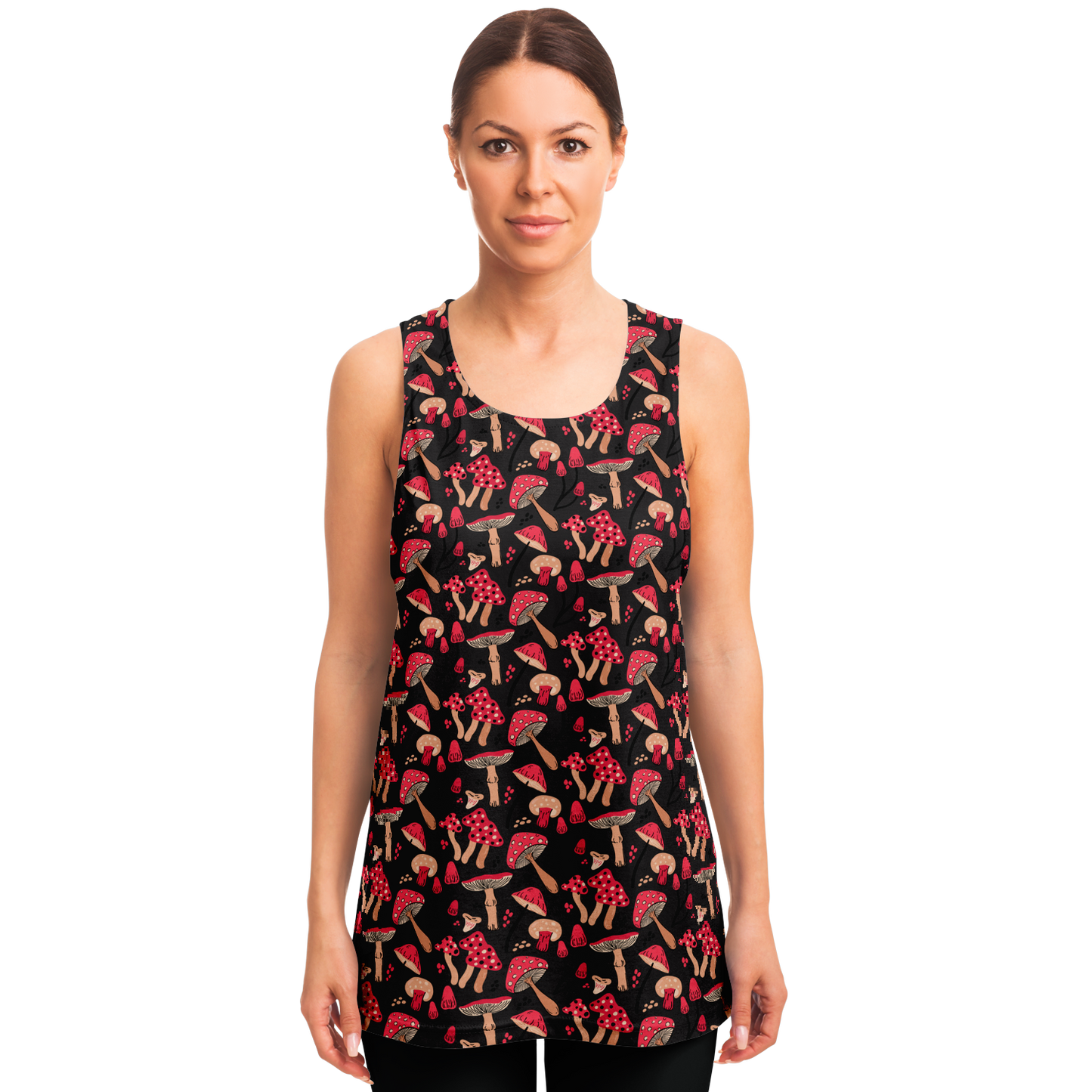  Female model facing front wearing Nature Groove Tank Top with colorful plant pattern