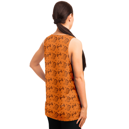 Angled view of woman modeling Orange Workout Tank Top with gym quote
