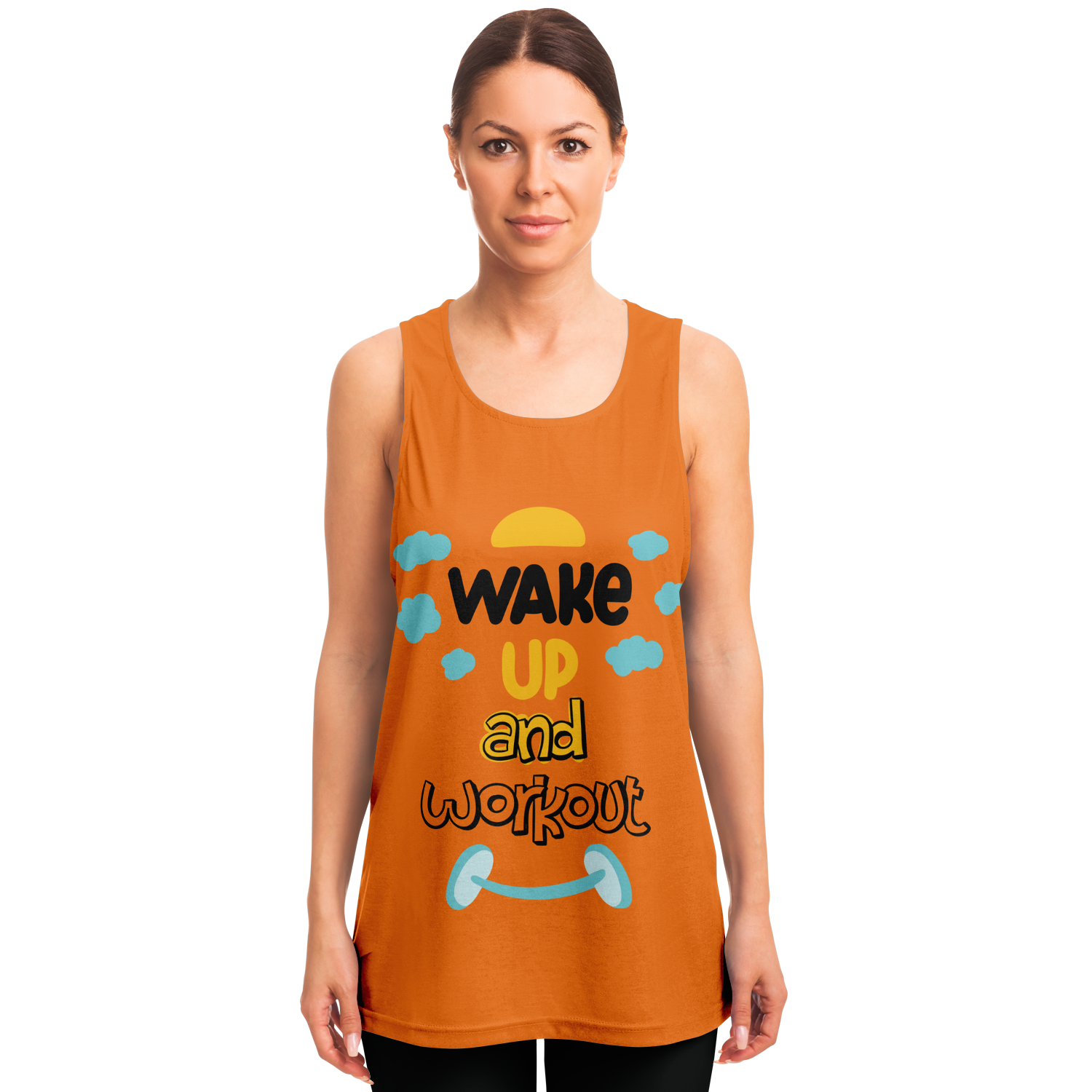 Front view of woman wearing Orange Workout Tank Top with workout slogan graphic
