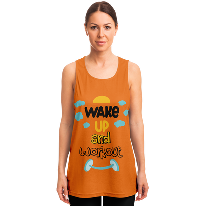  Front view of woman wearing Orange Workout Tank Top with workout slogan graphic