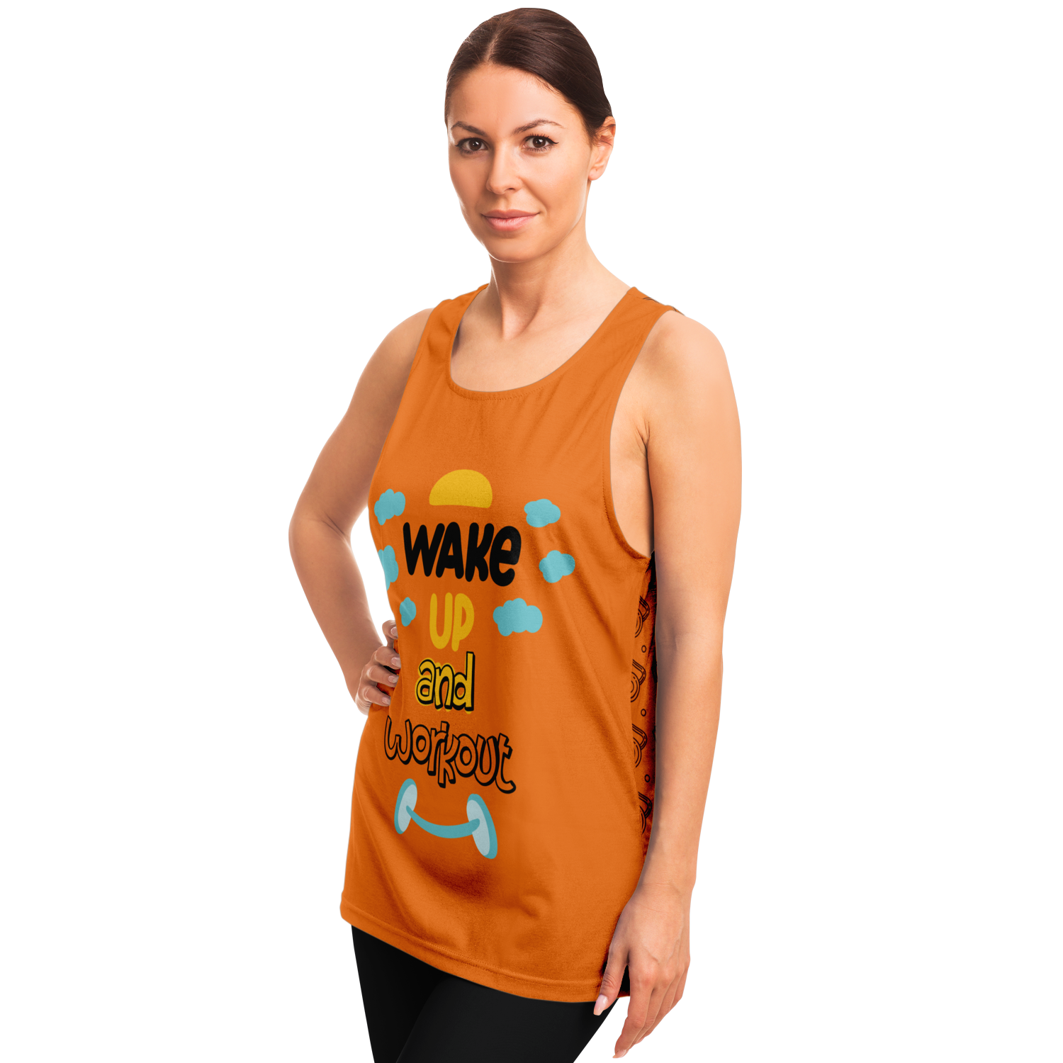 Side view of Orange Workout Tank Top worn by female model, highlighting athletic fit