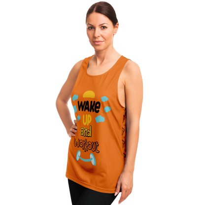 Side view of Orange Workout Tank Top worn by female model, highlighting athletic fit
