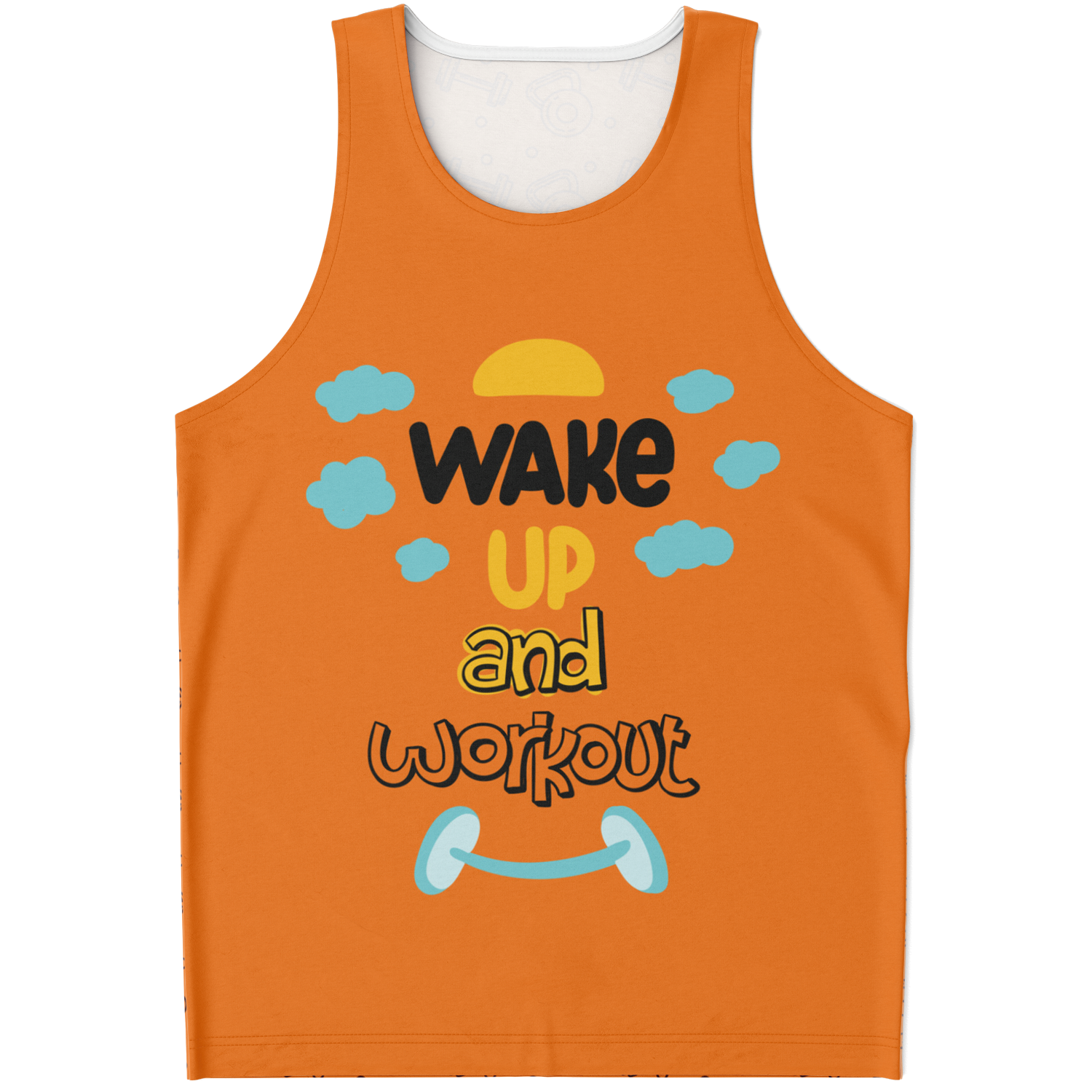 Flatlay front view of Orange Workout Tank Top with “Wake Up and Workout” fitness quote and barbell graphic