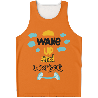 Flatlay front view of Orange Workout Tank Top with “Wake Up and Workout” fitness quote and barbell graphic