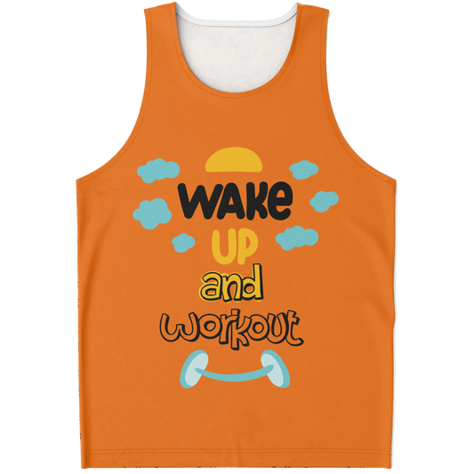 Flatlay front view of Orange Workout Tank Top with “Wake Up and Workout” fitness quote and barbell graphic