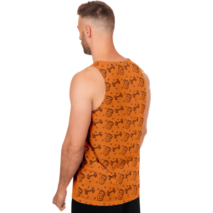  Angled view of Orange Workout Tank Top on male model showing detailed fit and print