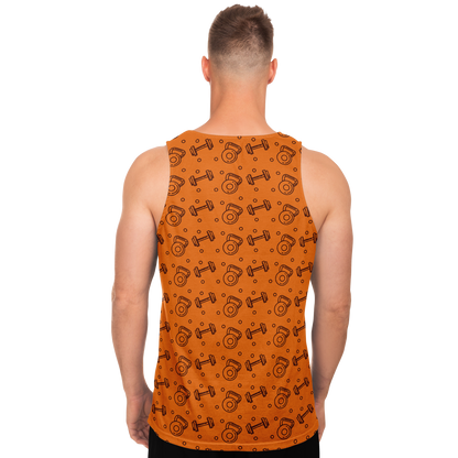 Back view of man wearing Orange Workout Tank Top with text design pattern