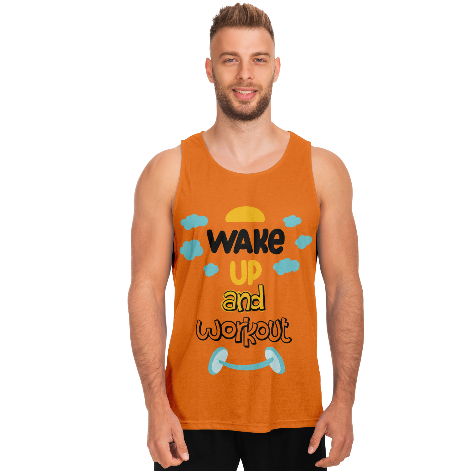 Front view of male model in Orange Workout Tank Top with inspirational gym print