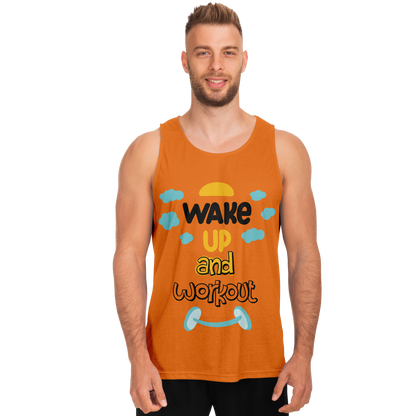 Front view of male model in Orange Workout Tank Top with inspirational gym print