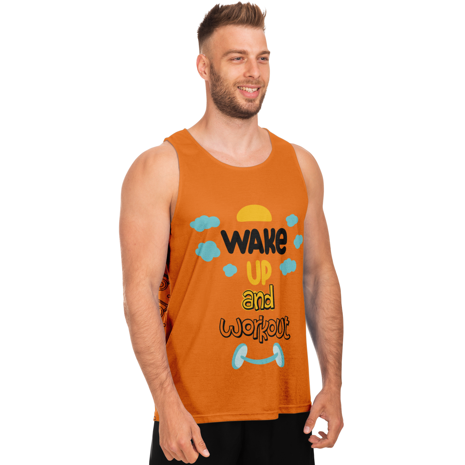 Side pose of male model in Orange Workout Tank Top styled for fitness