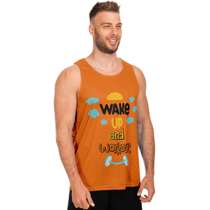 Side pose of male model in Orange Workout Tank Top styled for fitness