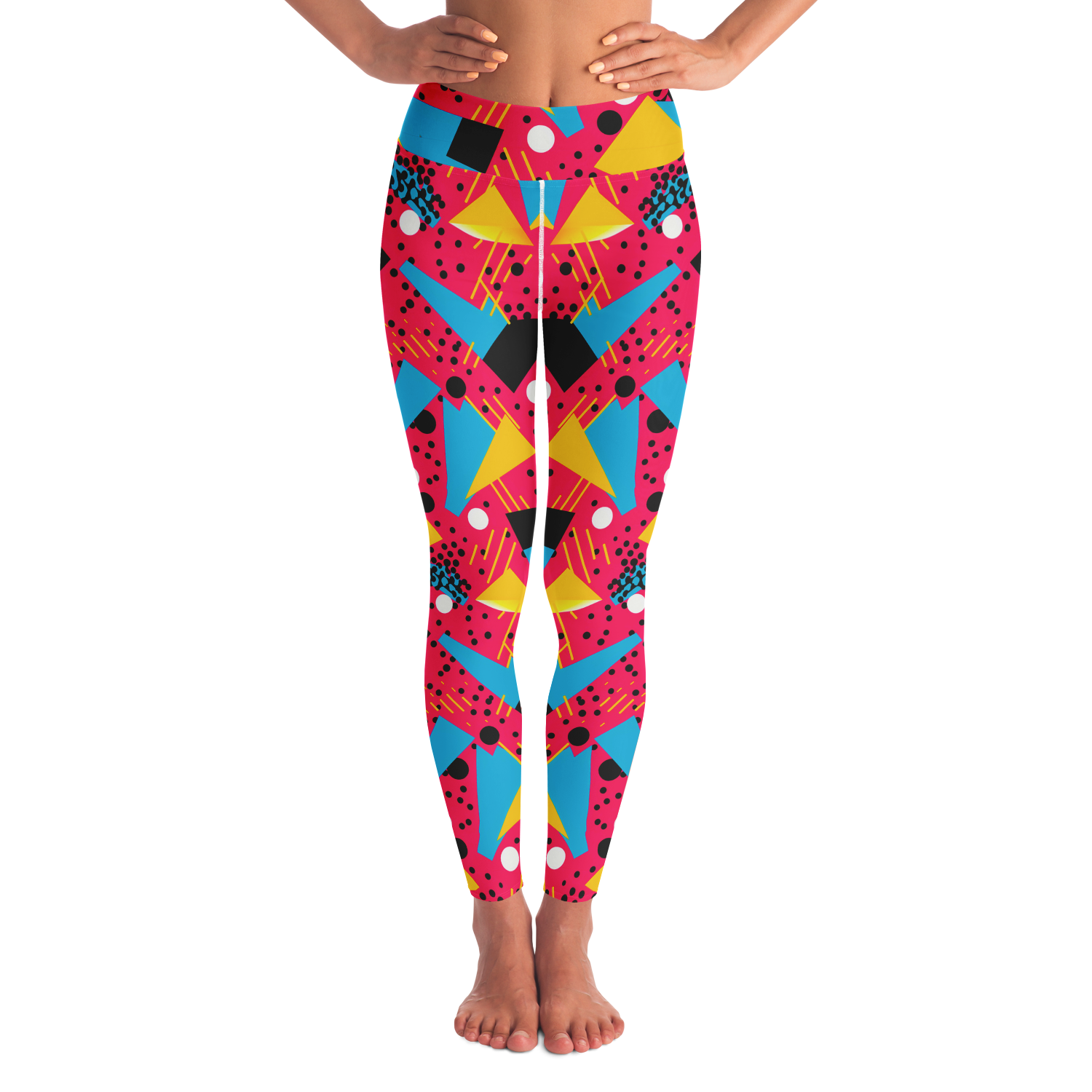 Patterns Play Leggings – Front view bursting with bold geometric shapes and vibrant energy