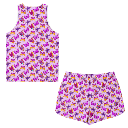 Back view of pink butterfly co-ord set showing all-over butterfly pattern