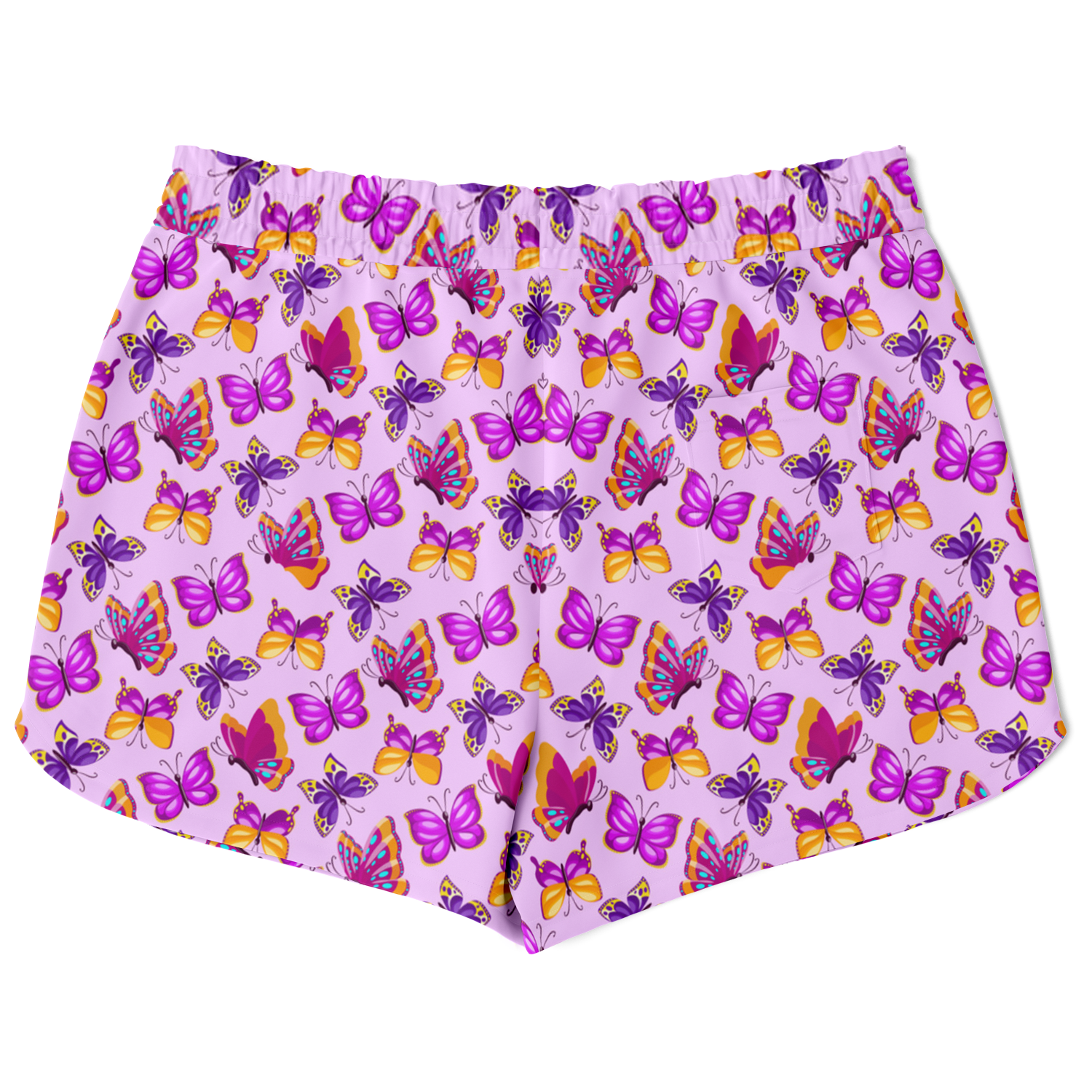 Back view of pink butterfly printed co-ord shorts laid flat