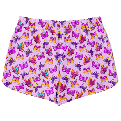 Back view of pink butterfly printed co-ord shorts laid flat