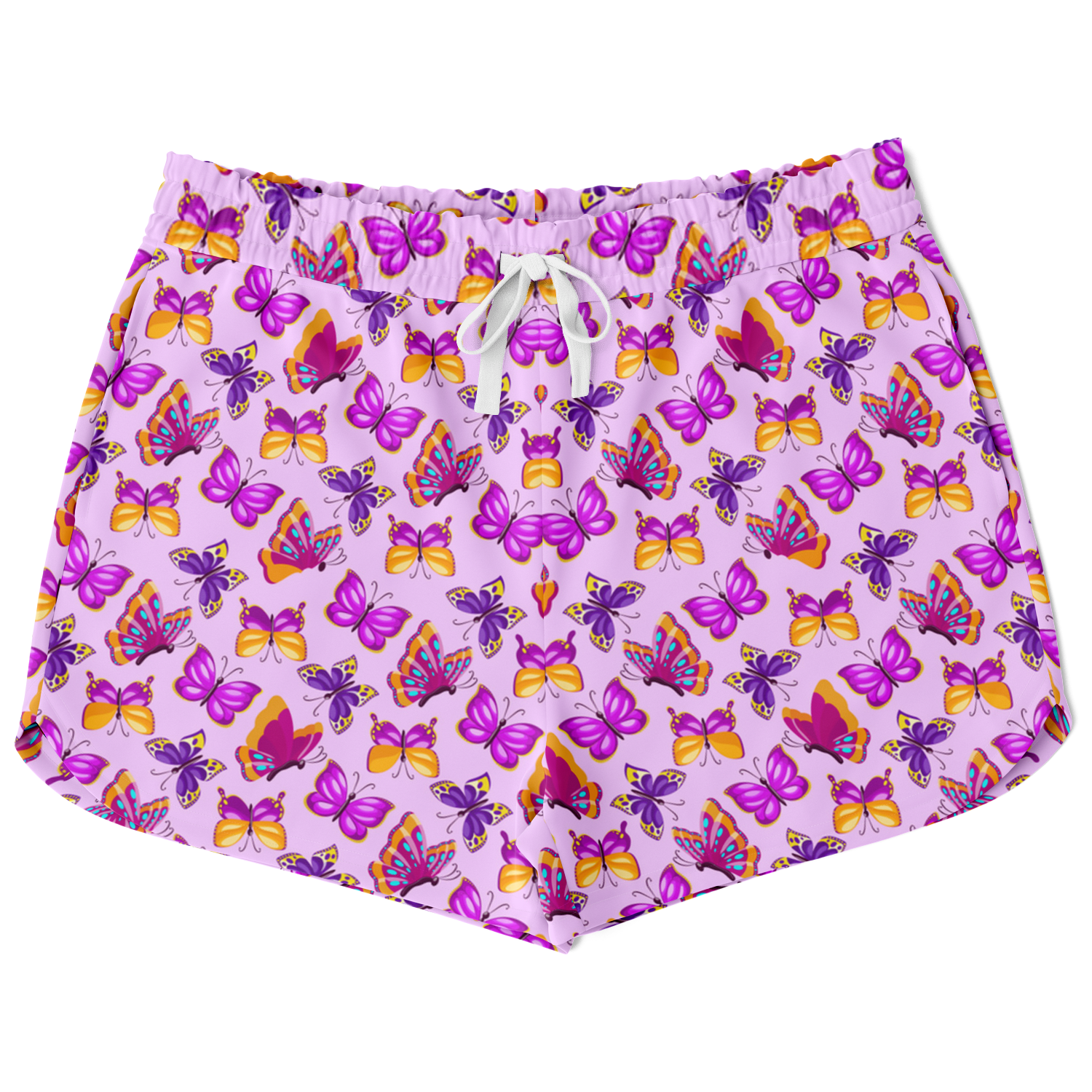Front view of pink butterfly co-ord shorts with graphic butterfly print