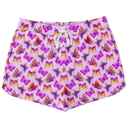 Front view of pink butterfly co-ord shorts with graphic butterfly print