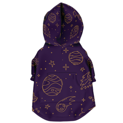 Back view of purple stellar dog hoodie featuring stars and planets