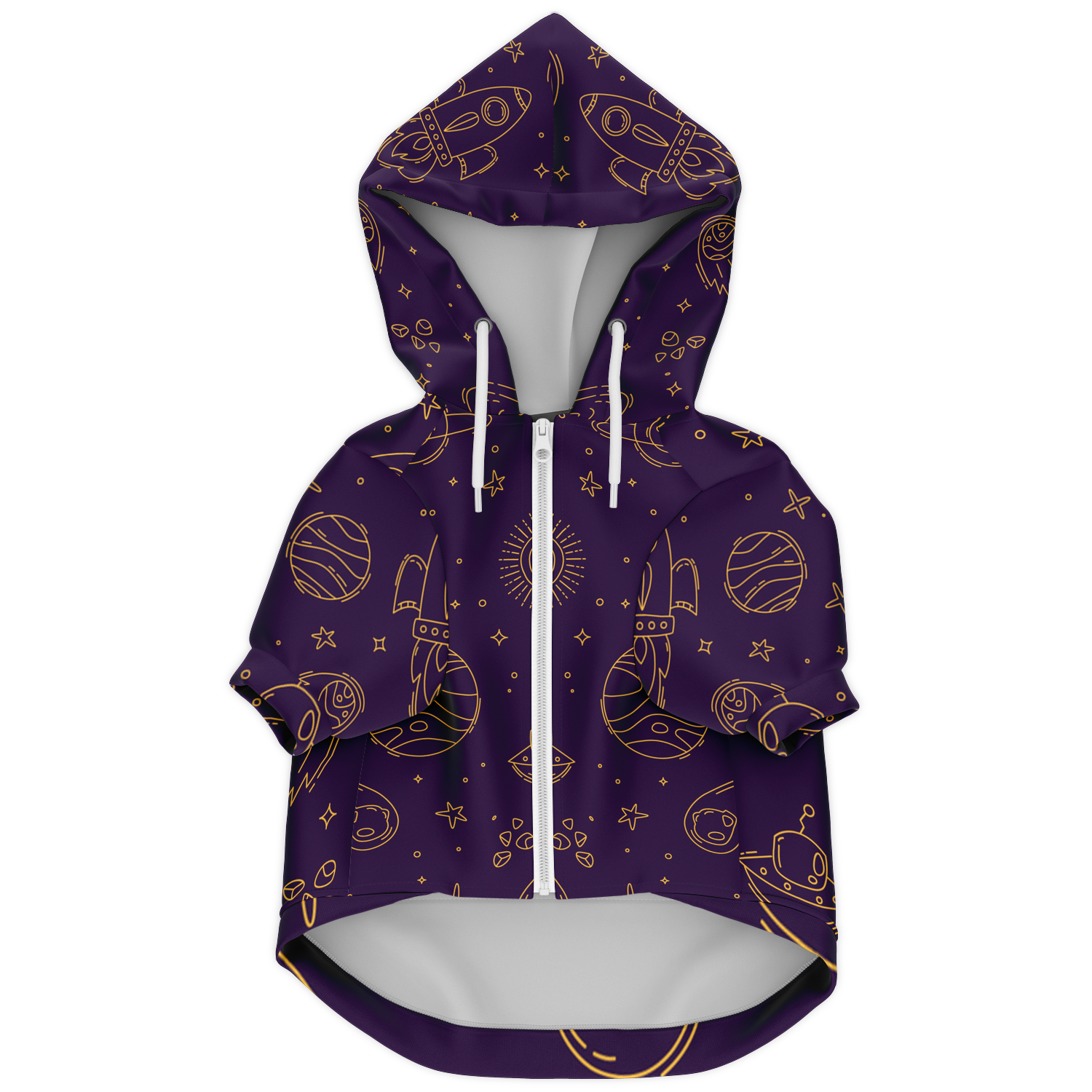 Flat lay of purple stellar dog hoodie with zipper and celestial print

