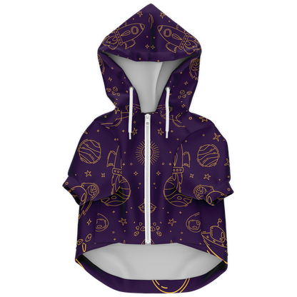 Flat lay of purple stellar dog hoodie with zipper and celestial print

