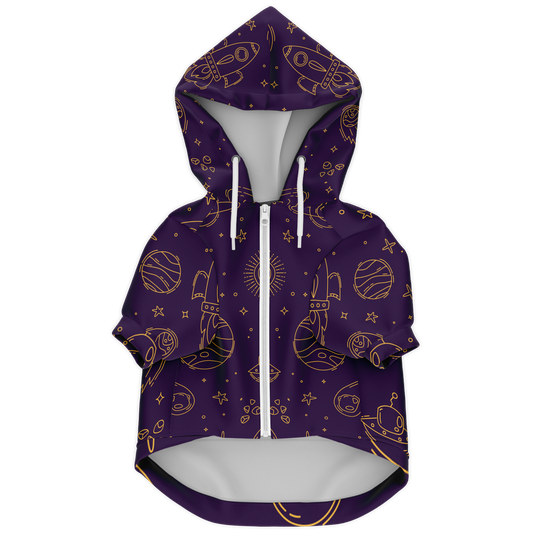 Flat lay of purple stellar dog hoodie with zipper and celestial print

