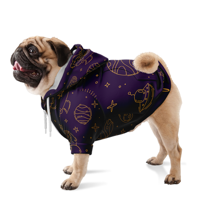 Dog standing in purple stellar hoodie with celestial design across the body