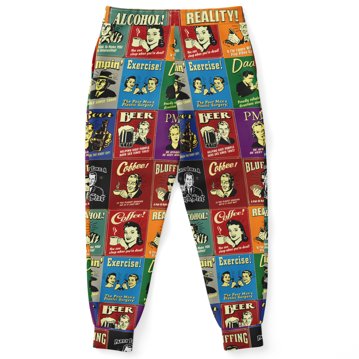  Flatlay back view of Retro Rewind joggers featuring bold vintage blocks in multiple colors