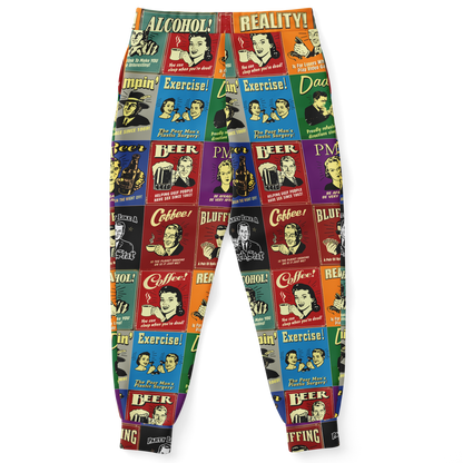  Flatlay back view of Retro Rewind joggers featuring bold vintage blocks in multiple colors