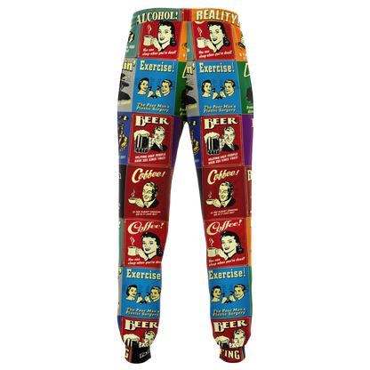 Flatlay back view of Retro Rewind joggers featuring bold vintage blocks in multiple colors