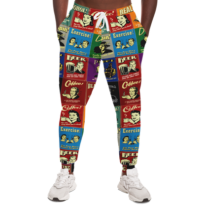  Man wearing Retro Rewind joggers, showcasing the vibrant retro-style print on the front