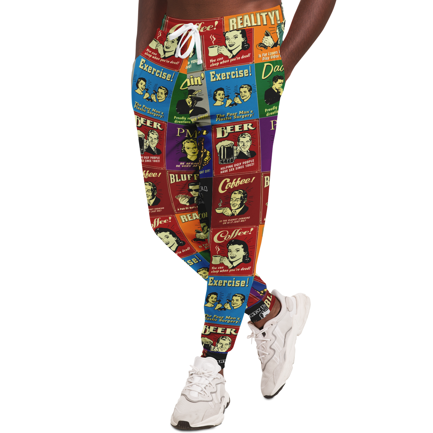 Side profile of Retro Rewind joggers worn by a man, highlighting the bold vintage panel design