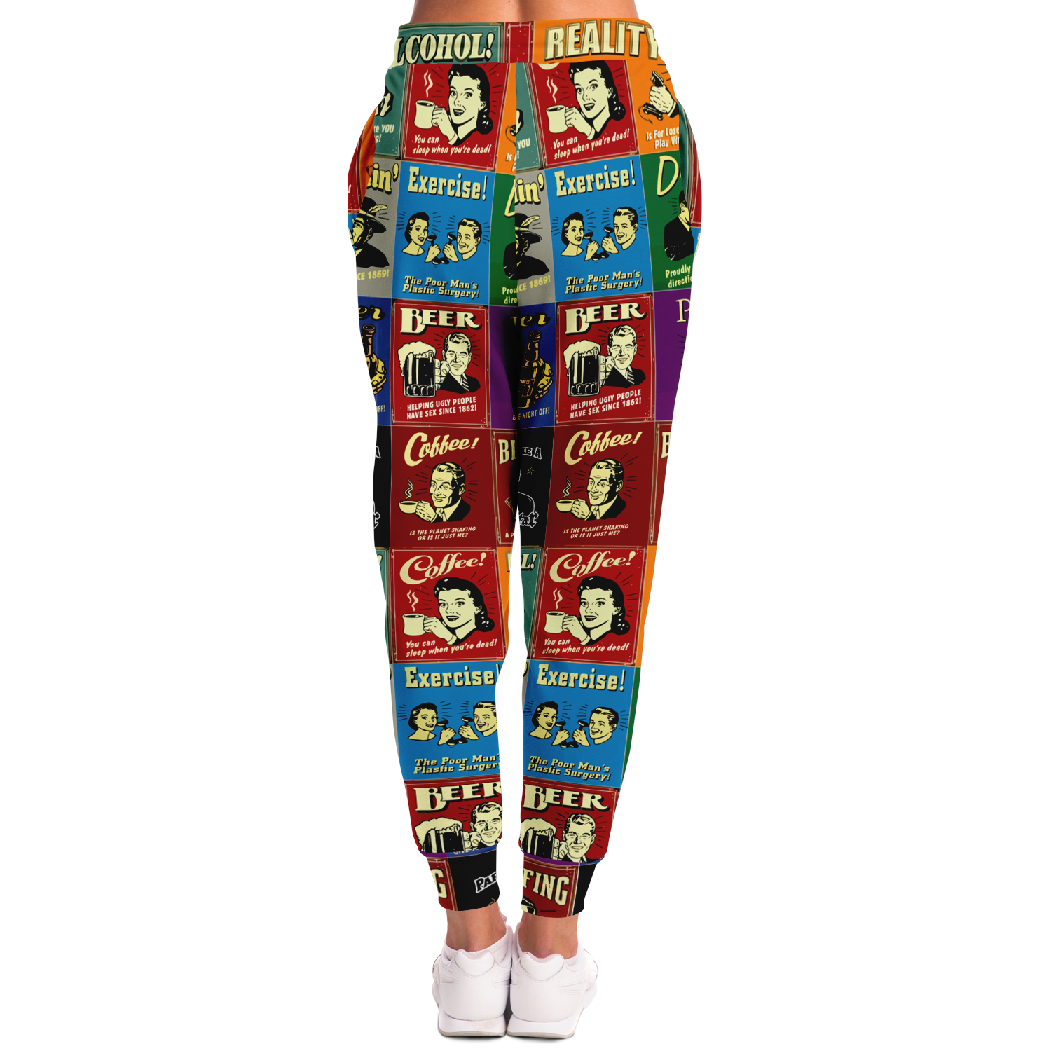 Back view of Retro Rewind joggers on female model, showing the full pattern of retro illustrations