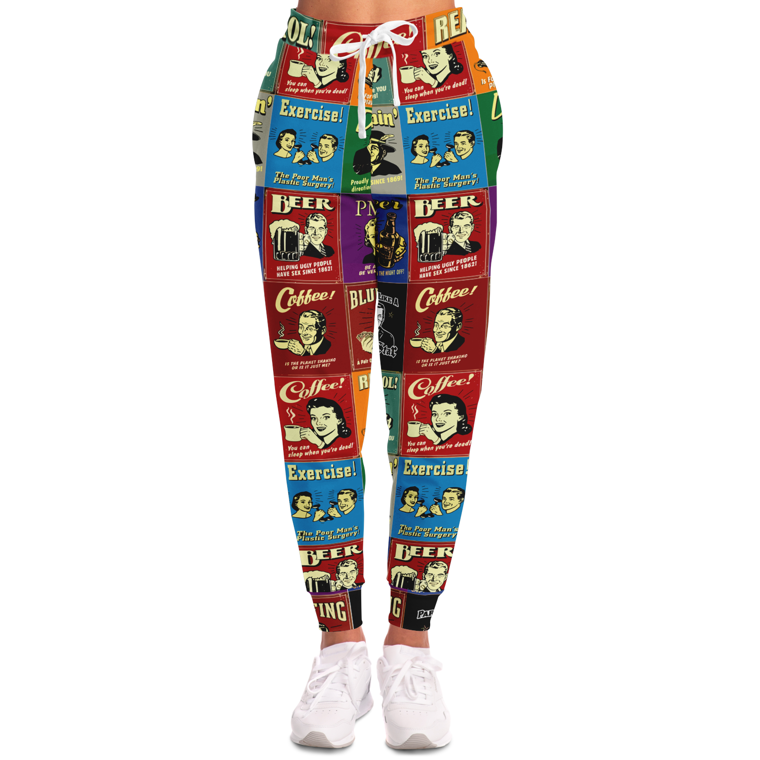  Woman wearing Retro Rewind joggers with a nostalgic collage print, front-facing view