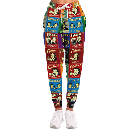  Woman wearing Retro Rewind joggers with a nostalgic collage print, front-facing view