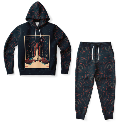 Front view of Rocket Launch co-ord set with printed hoodie and joggers laid flat