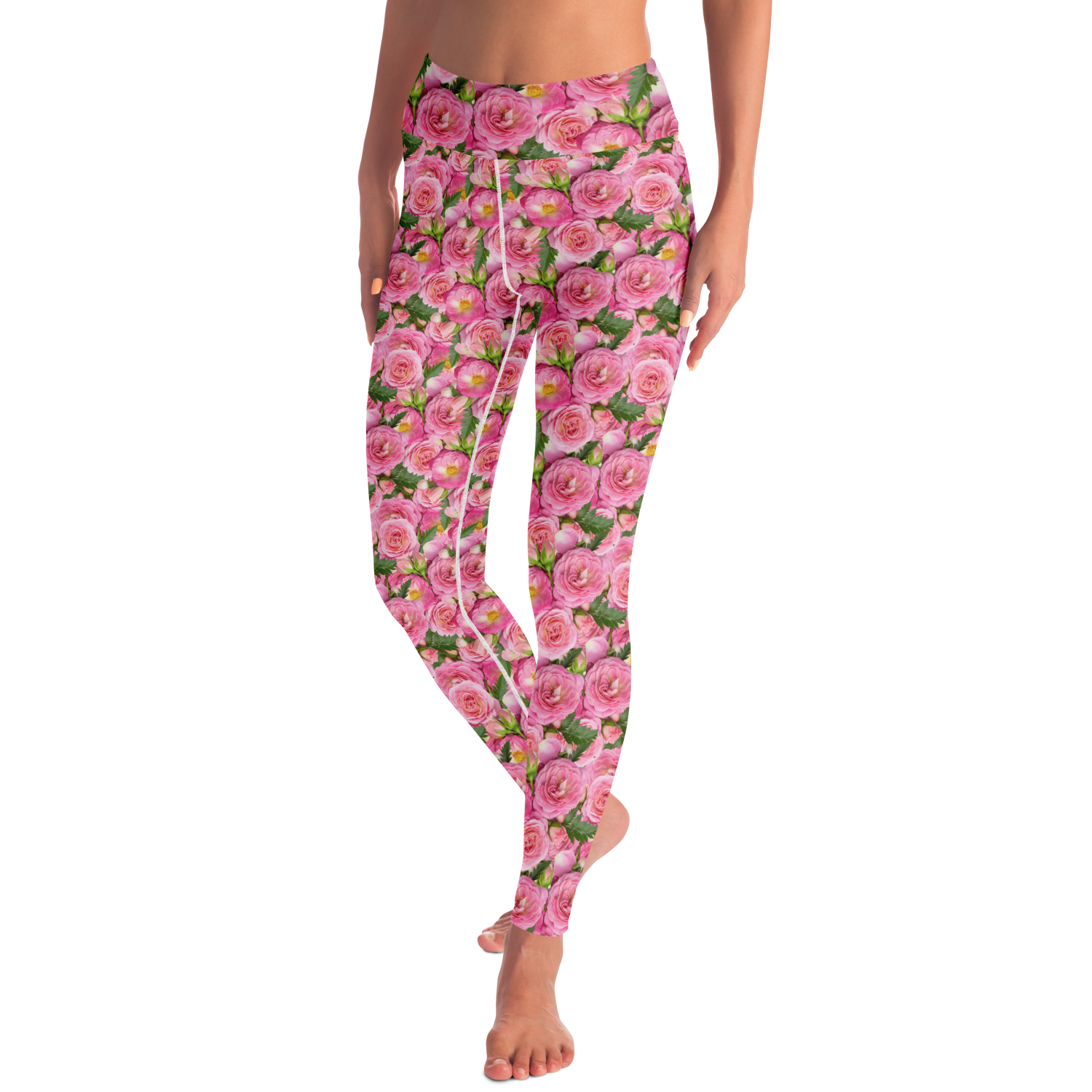  Rose Bloom Leggings – Angled pose emphasizing floral symmetry and stretch fabric