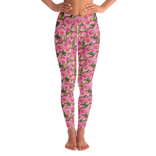  Rose Bloom Leggings – Front view showcasing all-over pink floral design on a soft base