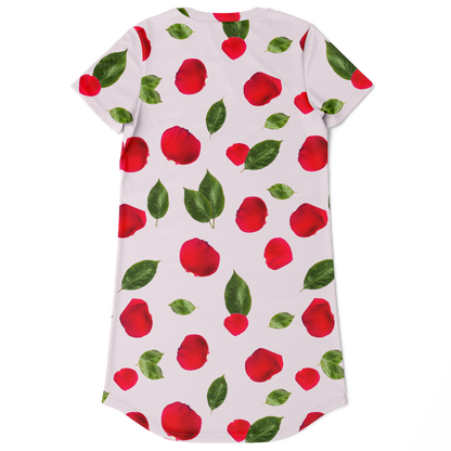 Back flat lay view highlighting the full-coverage rose print and classic rounded hem design.
