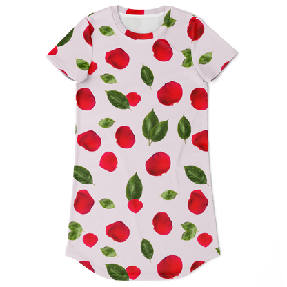 Front flat lay view of a casual t-shirt dress featuring a vibrant red rose print on soft white fabric.