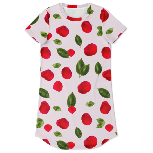 Front flat lay view of a casual t-shirt dress featuring a vibrant red rose print on soft white fabric.
