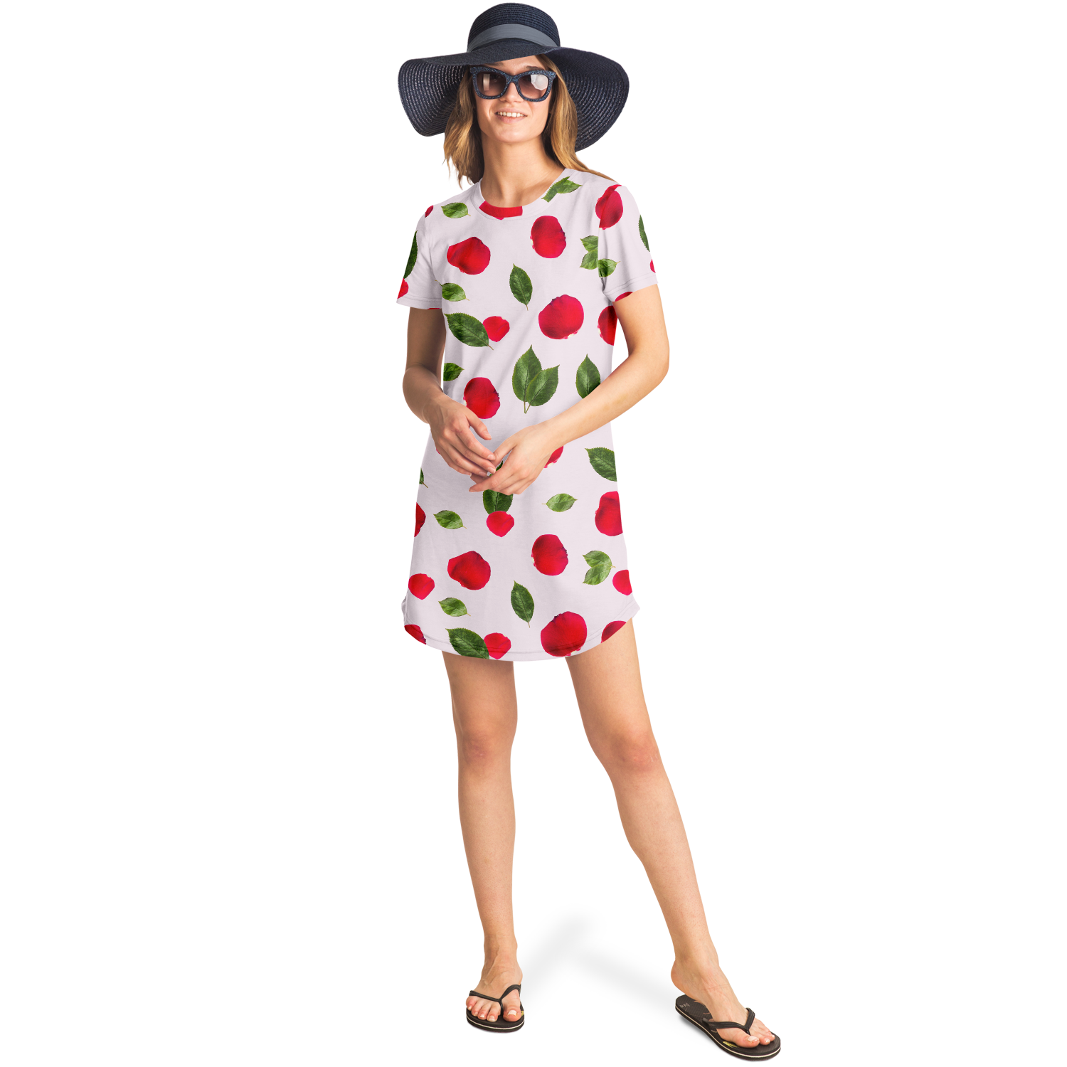 Front view of the model wearing the rose bloom t-shirt dress, showing the relaxed fit and floral pattern.
