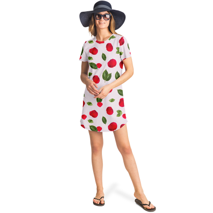 Front view of the model wearing the rose bloom t-shirt dress, showing the relaxed fit and floral pattern.