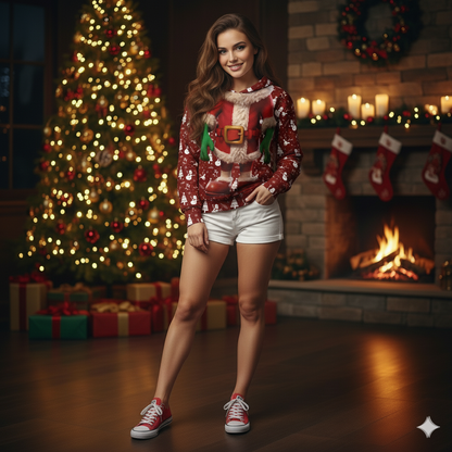 Woman wearing a festive sweater in a Christmas-themed room with a tree and fireplace.