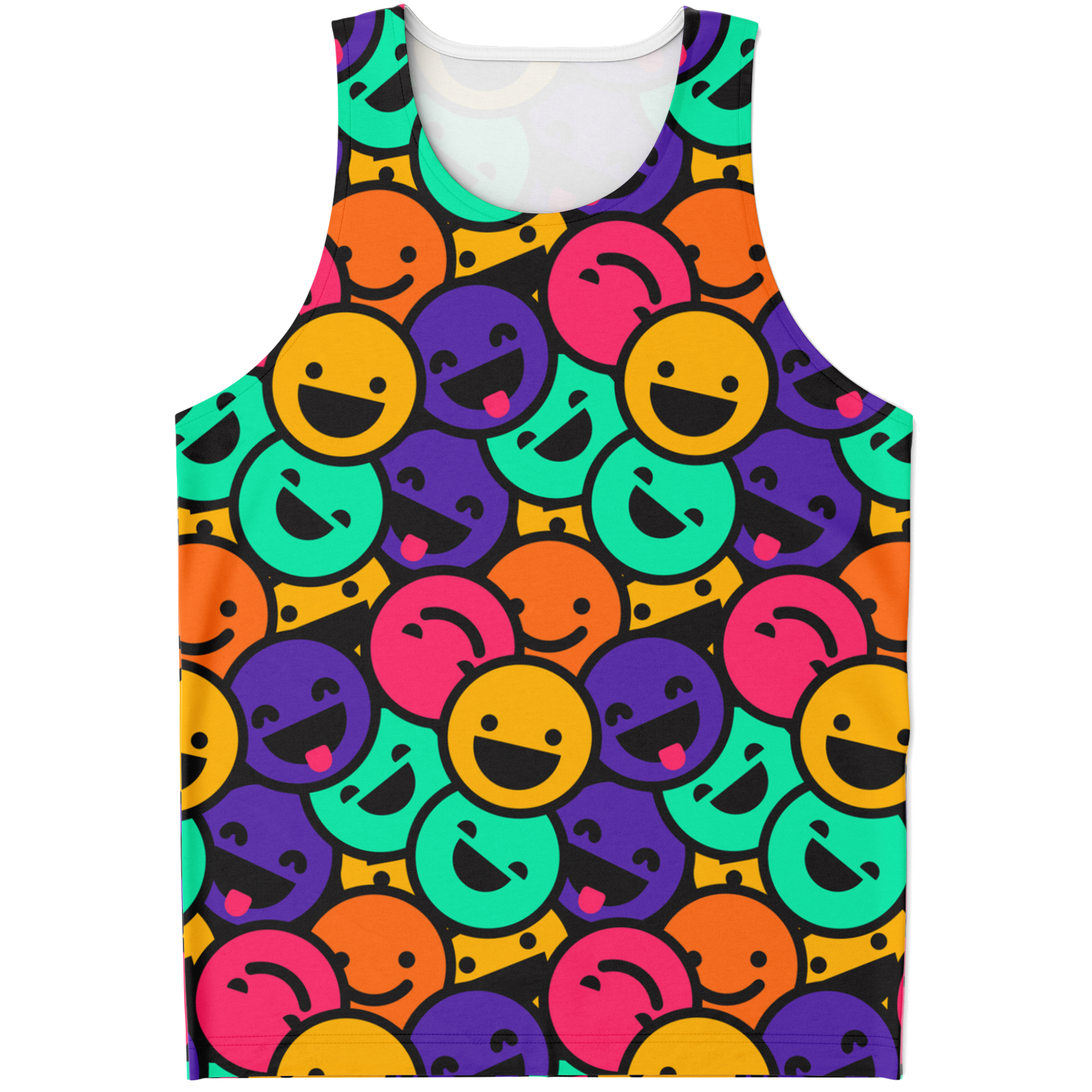 Flatlay front view of Smiley Print Tank Top featuring vibrant multicolor smiley faces