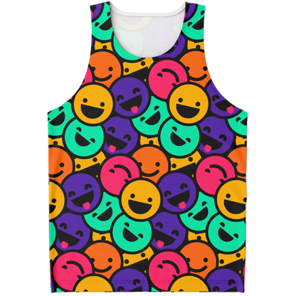Flatlay front view of Smiley Print Tank Top featuring vibrant multicolor smiley faces