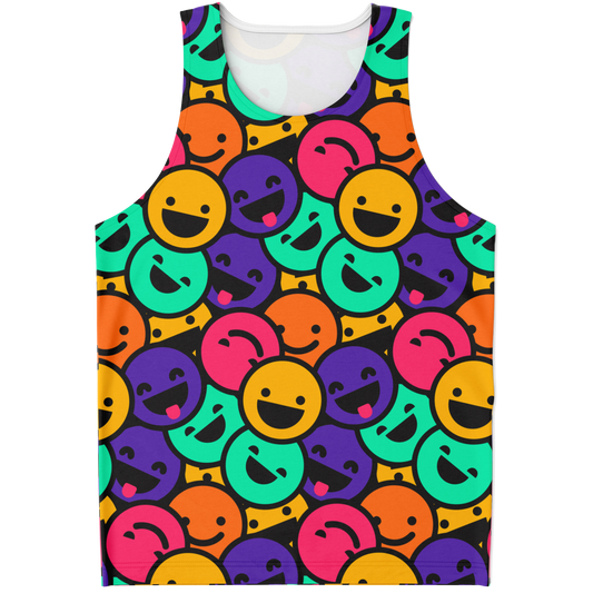 Flatlay front view of Smiley Print Tank Top featuring vibrant multicolor smiley faces